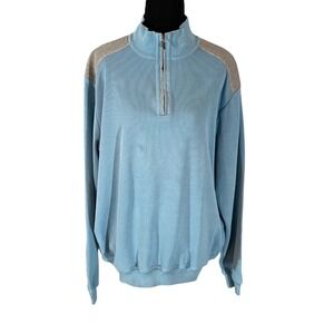 St. Croix Shop Mens Blue Ribbed Quarter Zip Sweater Elbow Patches Large USA
